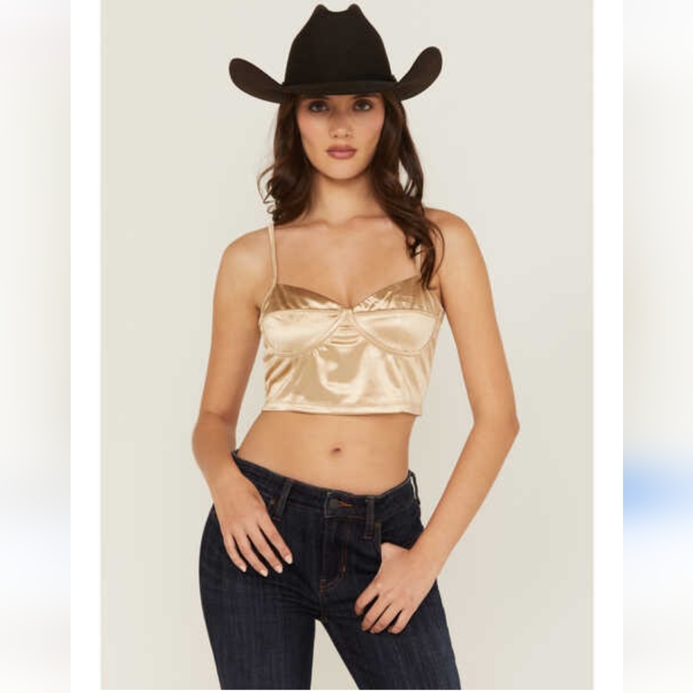 $48 Free People Women's Casino Brami Gold Satin Crop Top Sleeveless/…